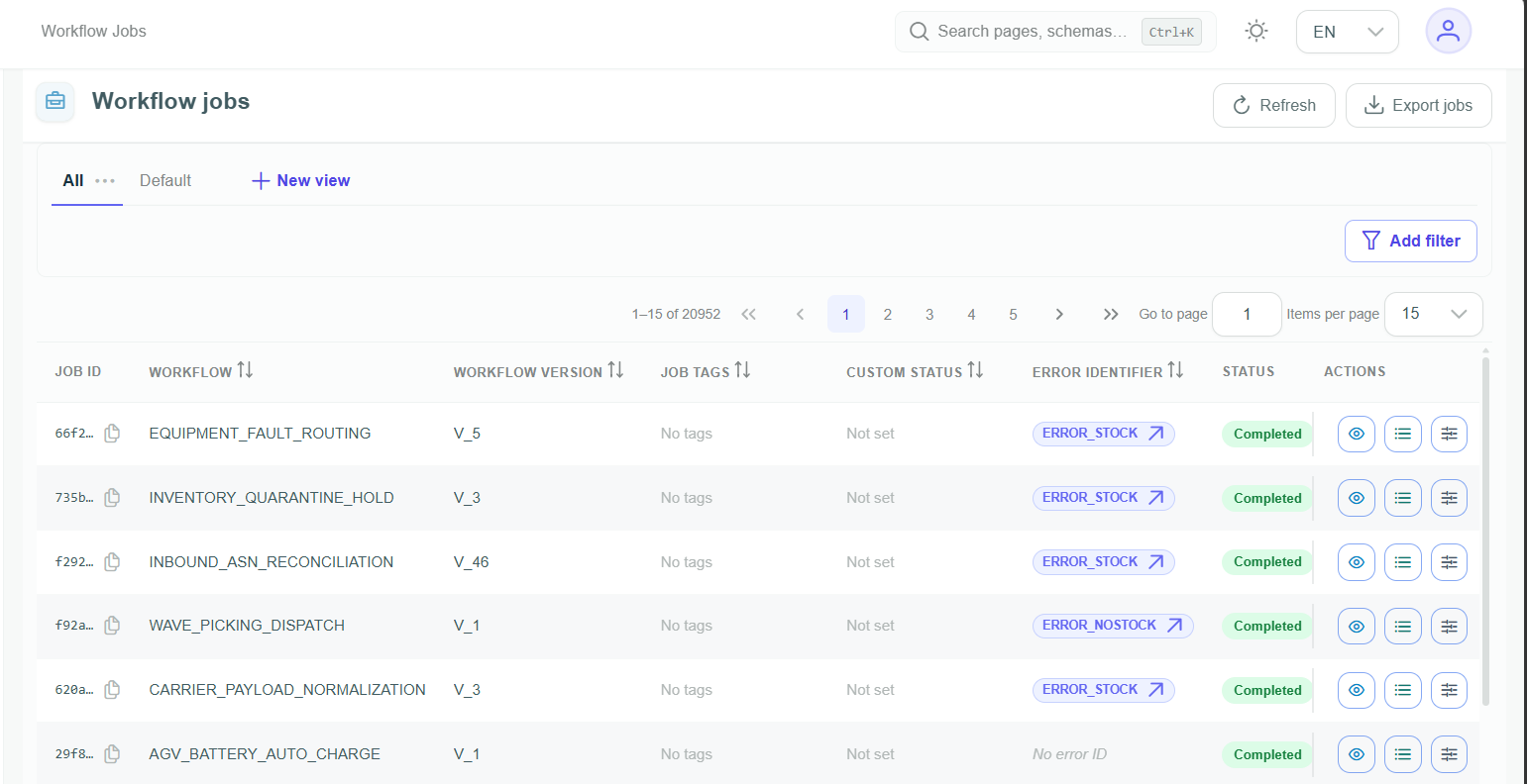 Workflow jobs list with workflow names, versions and statuses